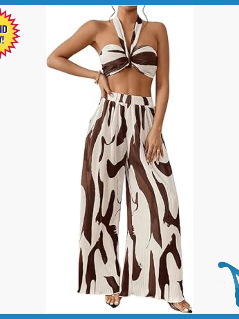 Knitted Crop Halter Top and Wide Leg Pants Set, Polyester, XS - Picture 1 of 7